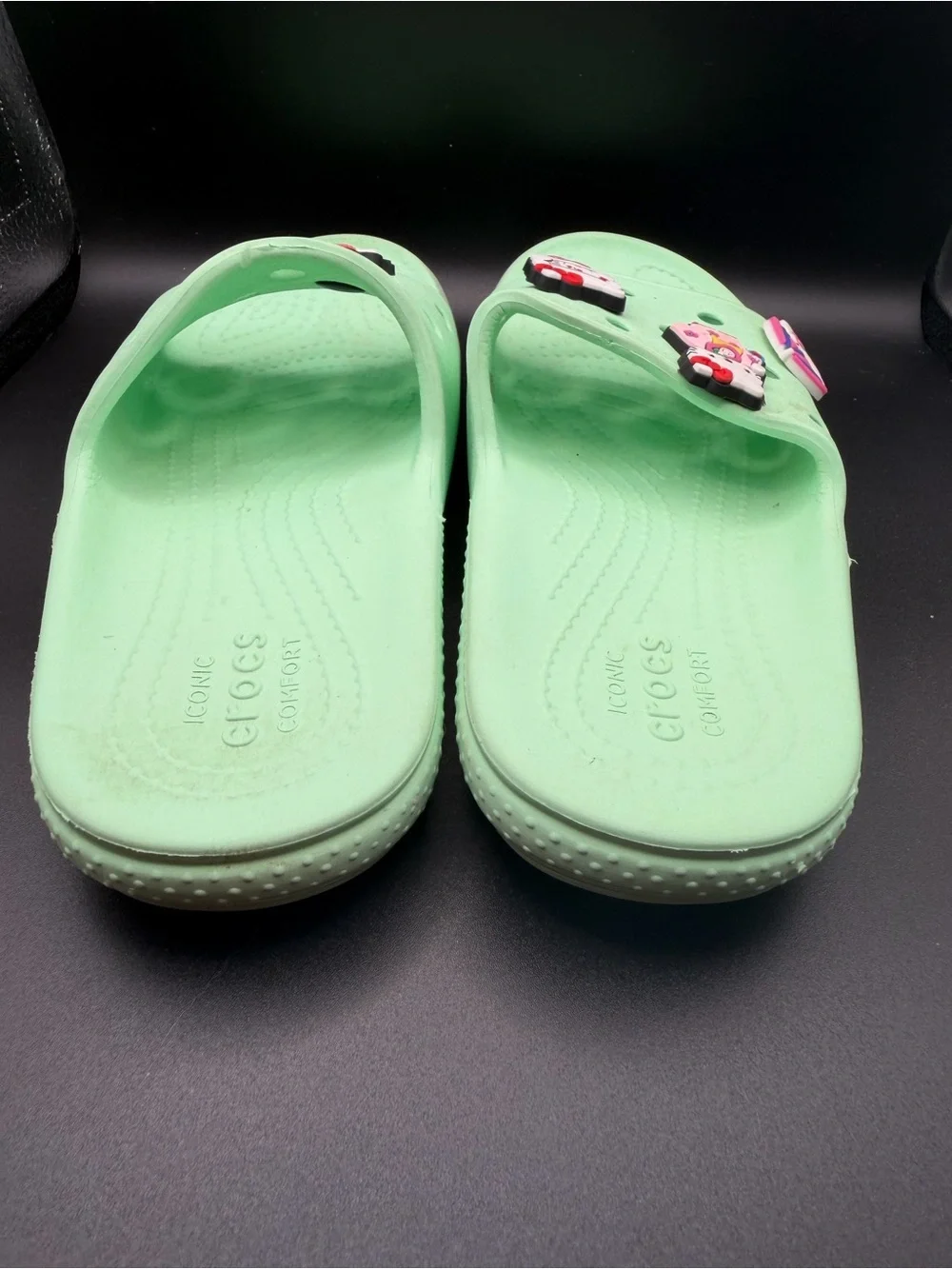 CROCS Kids Light Mint Green Slide Sandals with Hello Kitty Charm Size 2